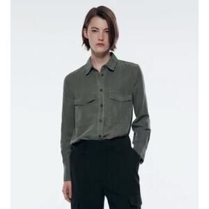 Zara Linen Blend Pocket Shirt Gray Button Collared Long Sleeve Relaxed Size S